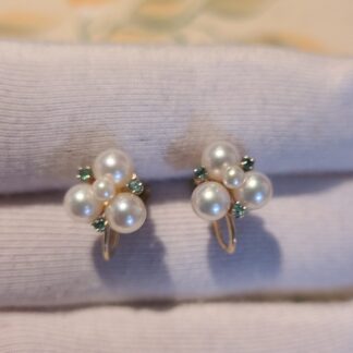 14k Yellow Gold Emerald and Pearl Earrings.